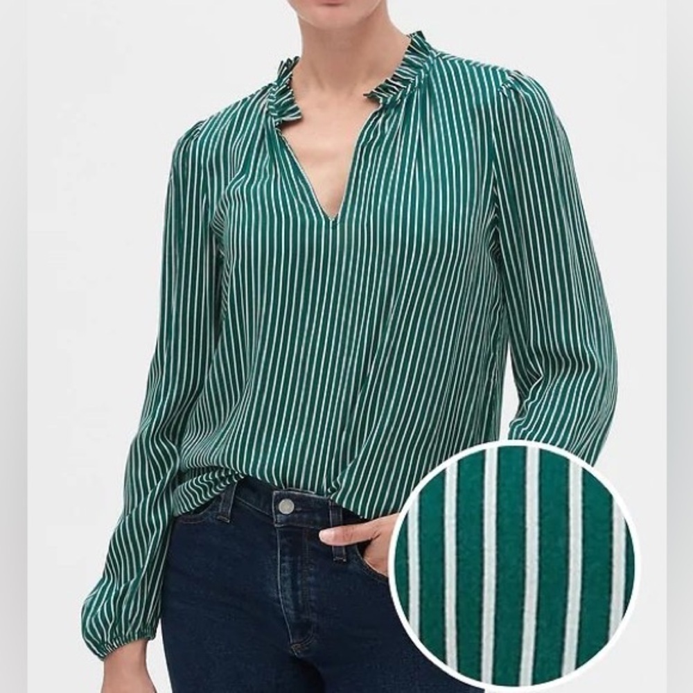 Gap Stripe Green and White Ruffle-Neck Blouse - Size S